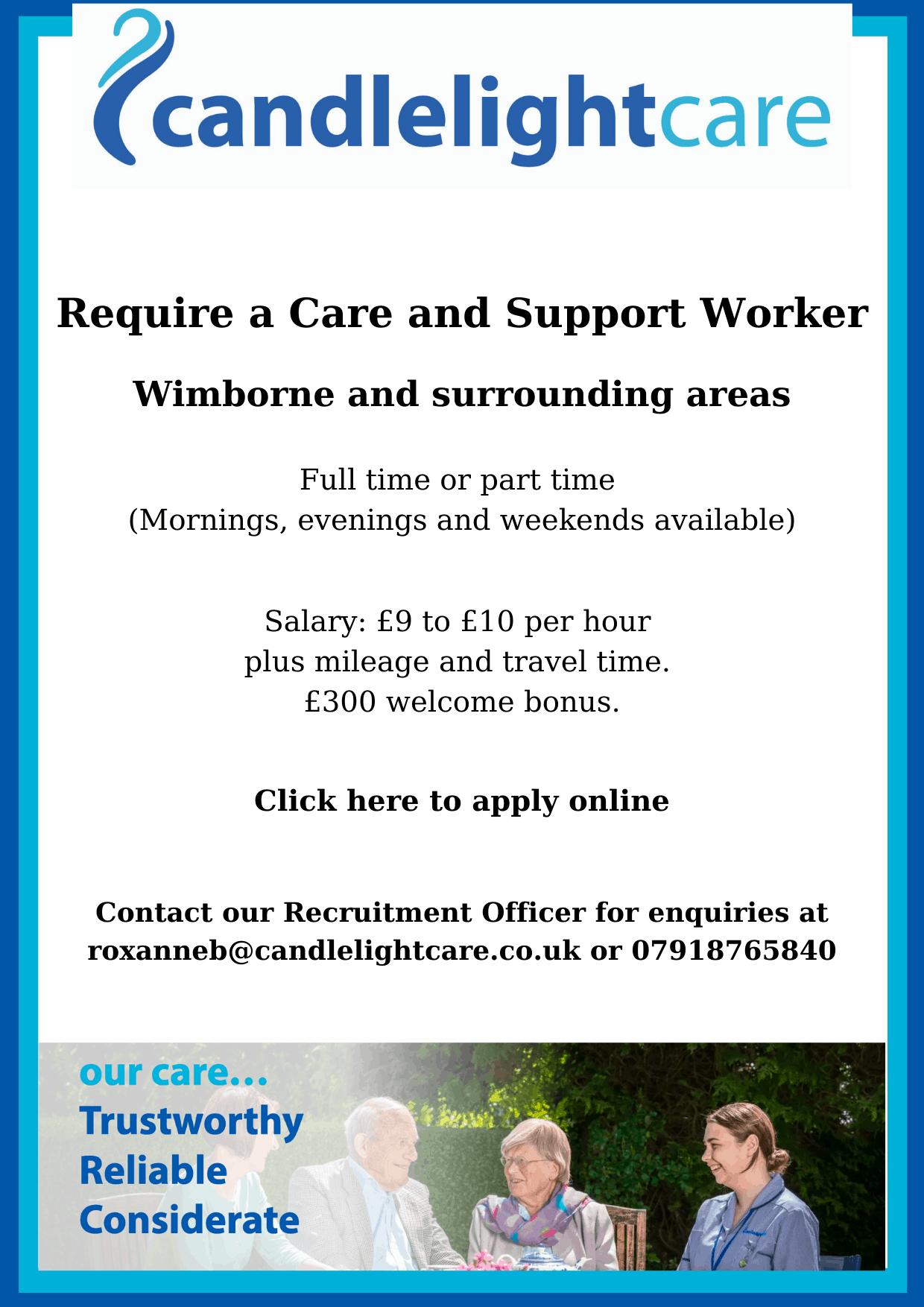 Care and Support Worker Wimborne and surrounding areas Candlelight Care The BV