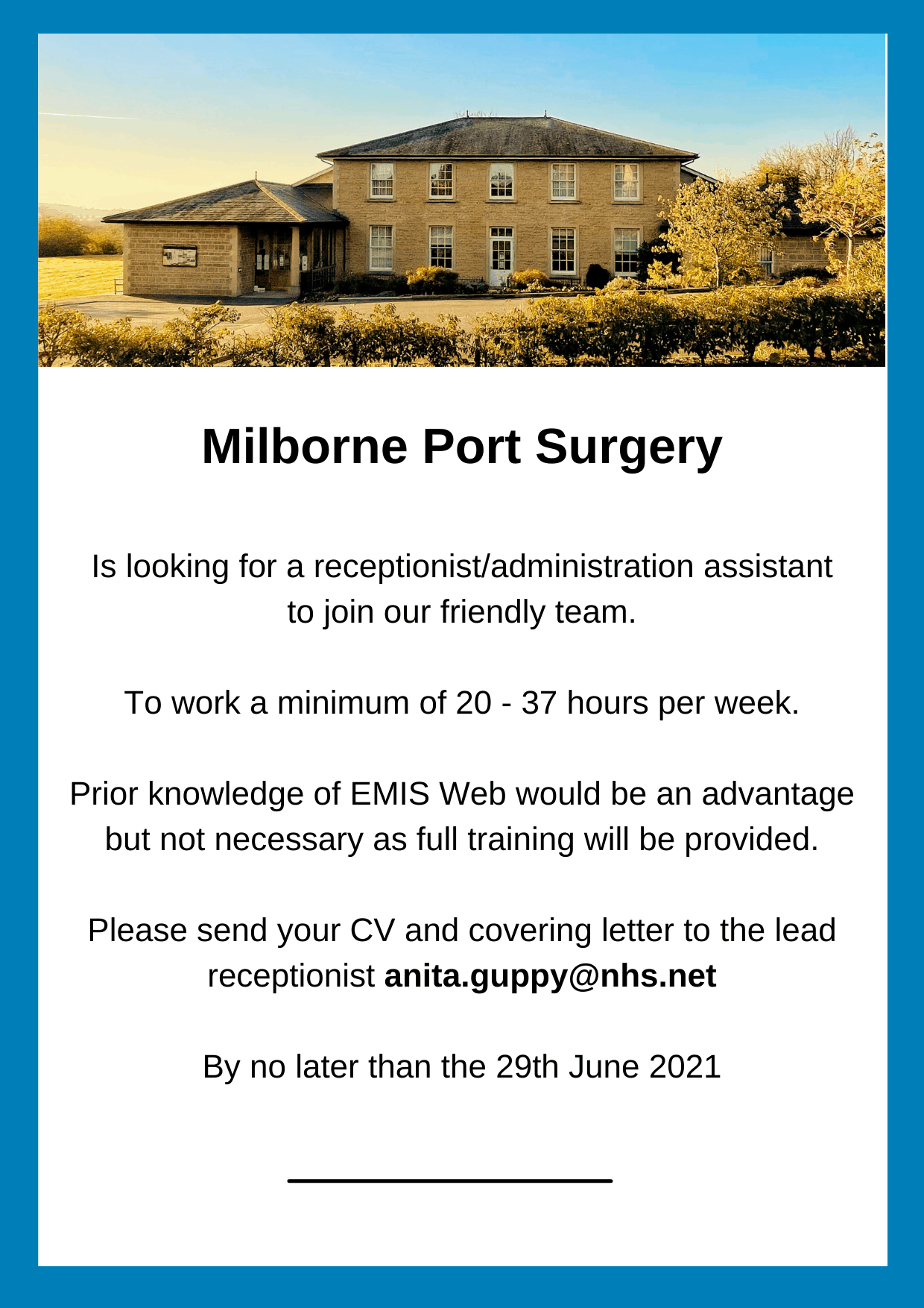 Milborne Port Surgery receptionist / administration assistant The BV