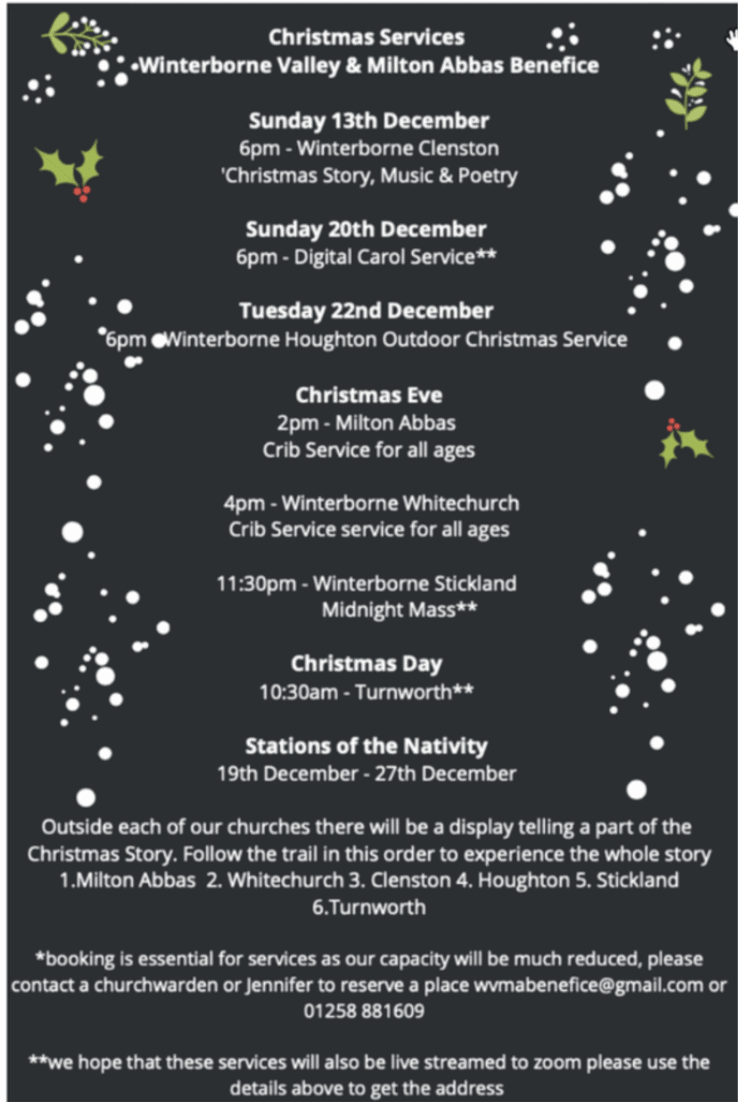 Christmas Services Winterborne Valley & Milton Abbas Benefice