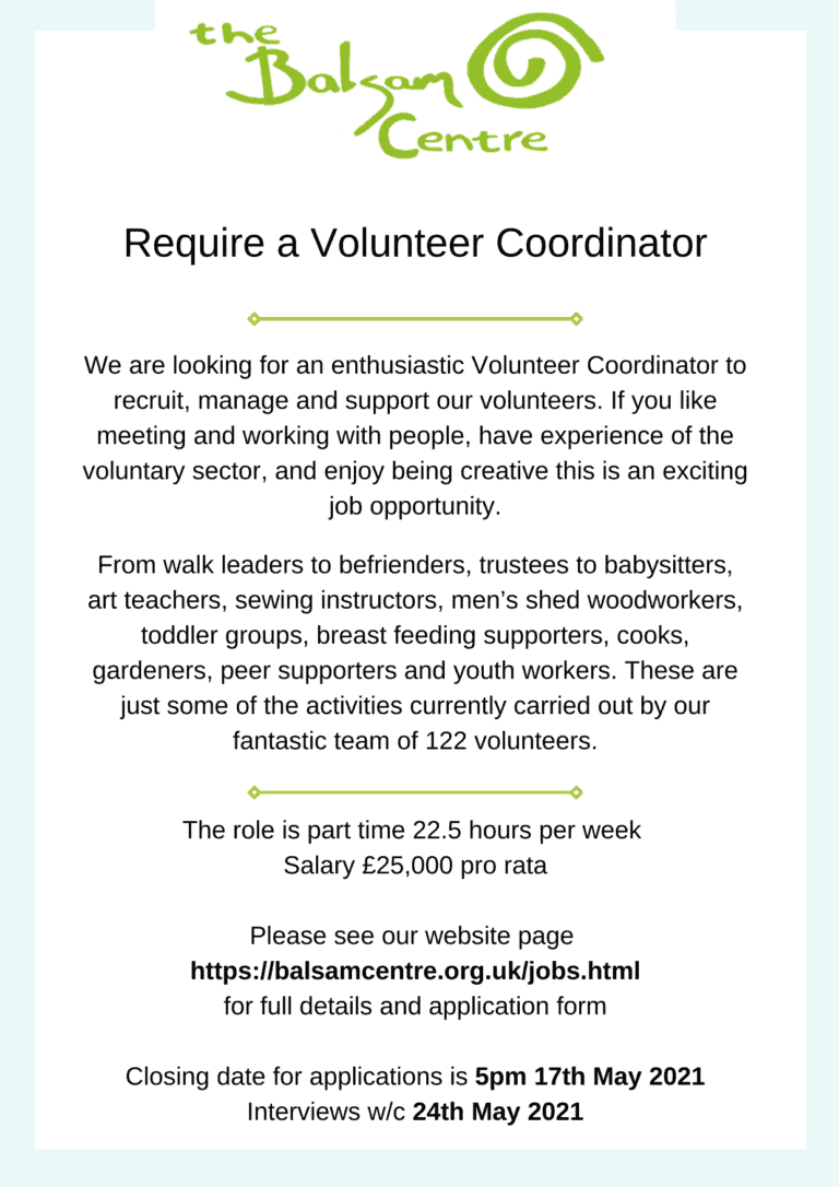Volunteer Coordinator Required | The Balsam Centre