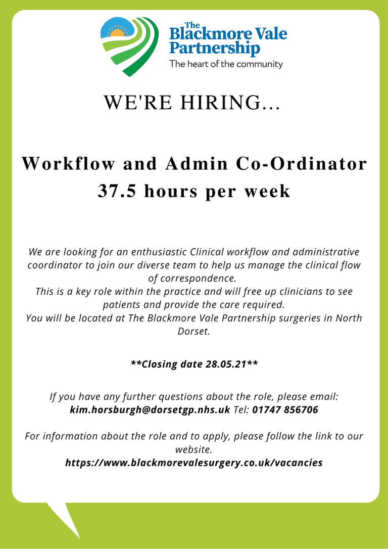 Workflow and Admin Co-Ordinator 37.5 hours per week |Blackmore Vale Partnership