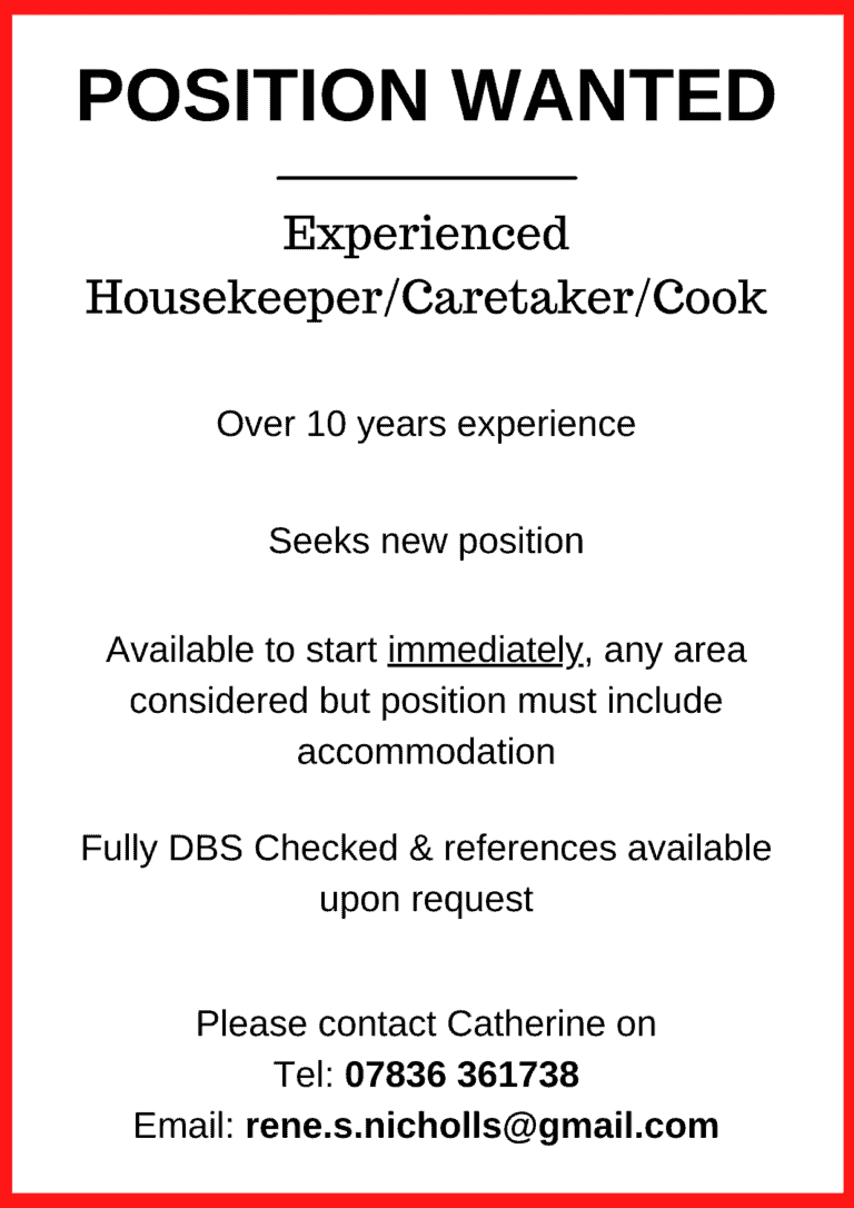 Position Wanted | Housekeeper/ Caretaker/Cook