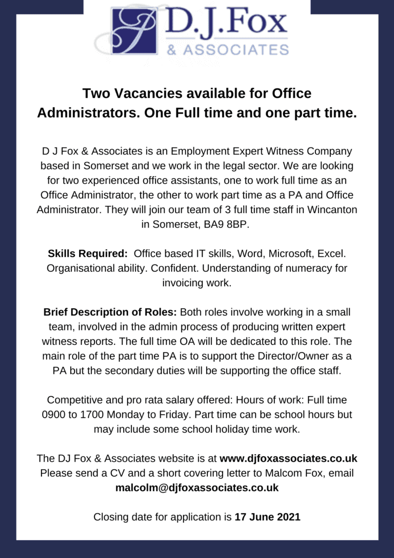 D.J.Fox and Associates | Two Vacancies available for Office Administrators