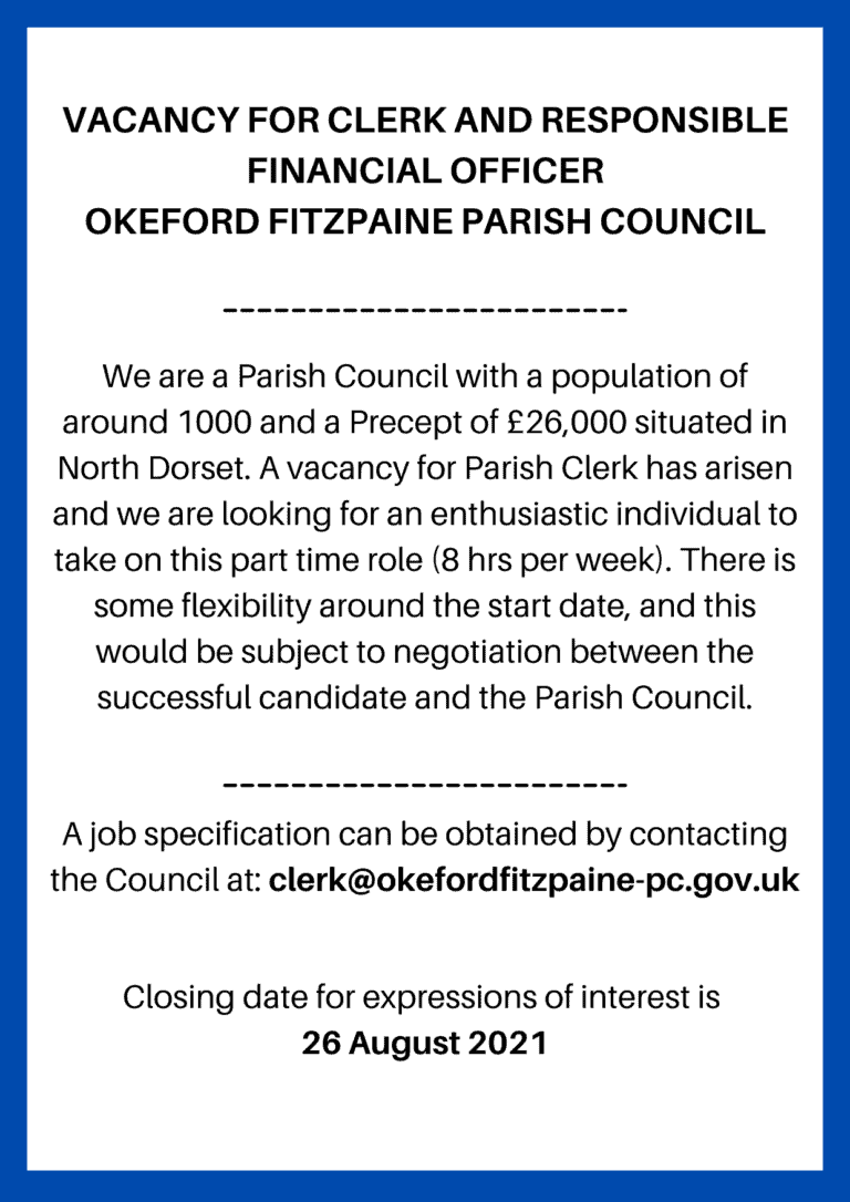 VACANCY FOR CLERK AND RESPONSIBLE FINANCIAL OFFICER | OKEFORD FITZPAINE PARISH COUNCIL