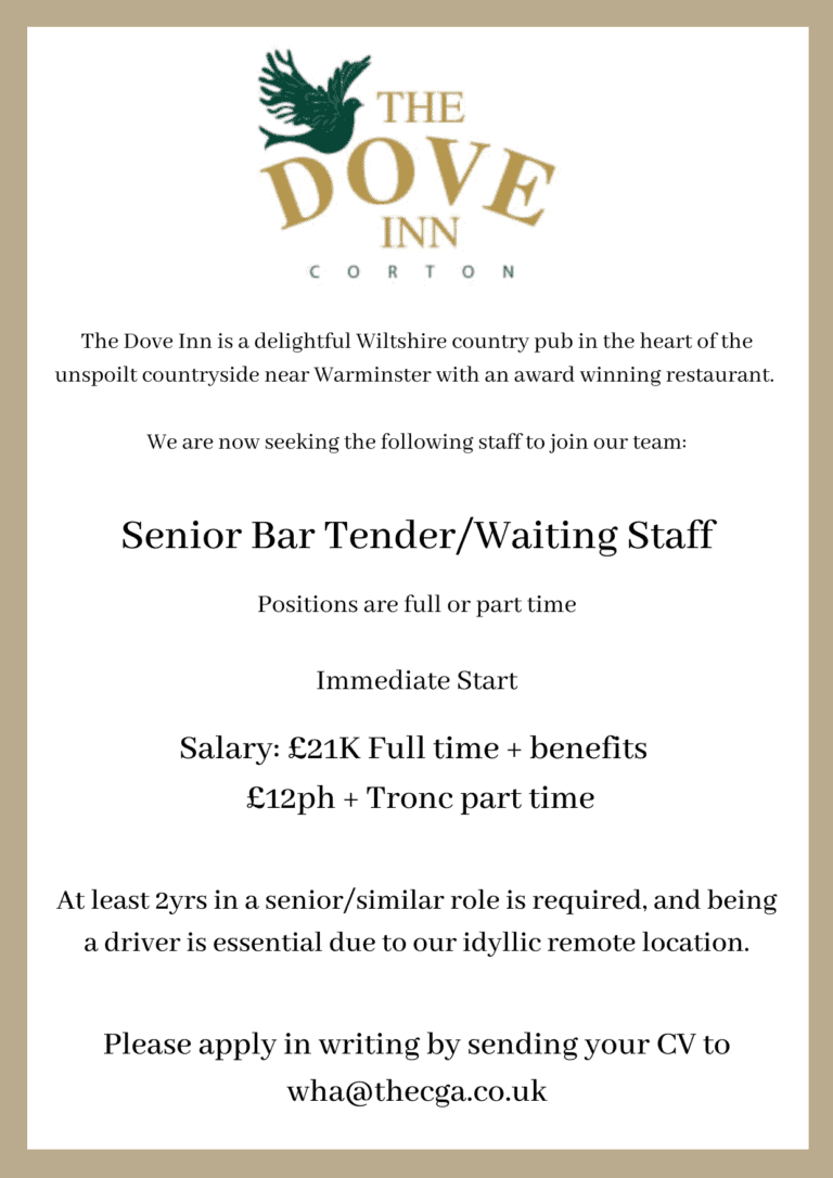 The Dove Inn Corton | Senior Bar Tender/Waiting Staff
