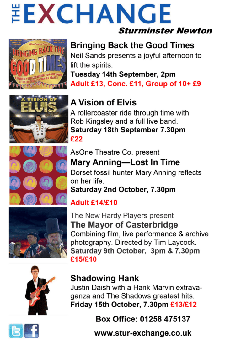 What’s on at the Exchange Sturminster Newton Sept/Oct 2021