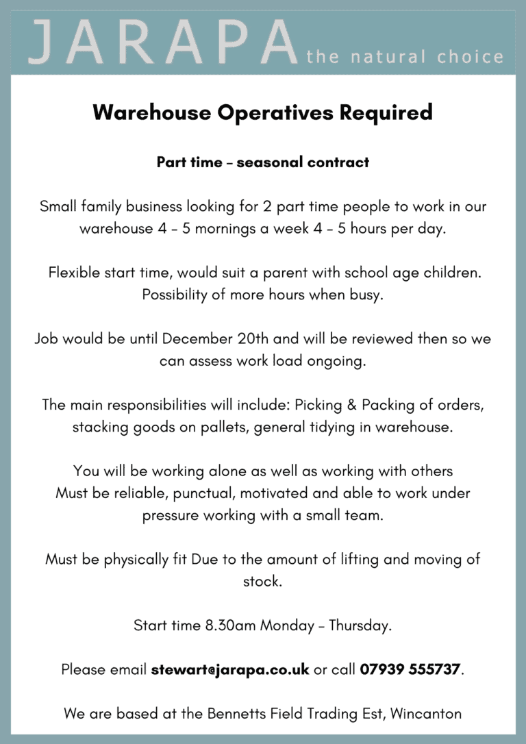JARAPA – Warehouse Operatives Required