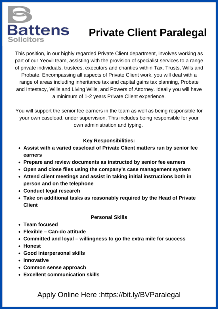 Private Client Paralegal | Battens Solicitors