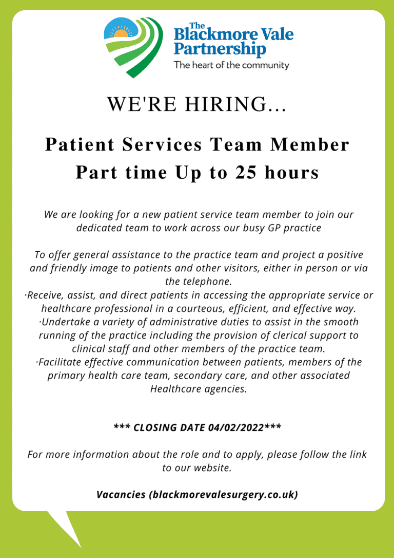 Patient Services Team Member | The Blackmorevale Partnership