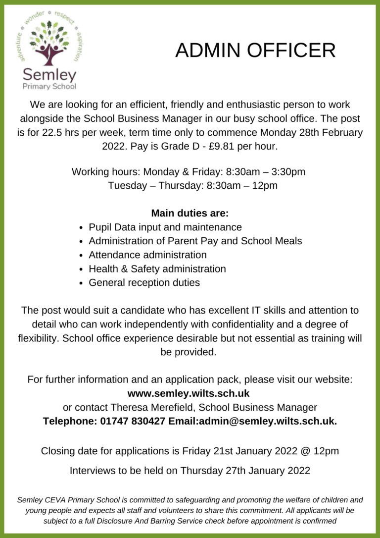 ADMIN OFFICER | Semley Primary School