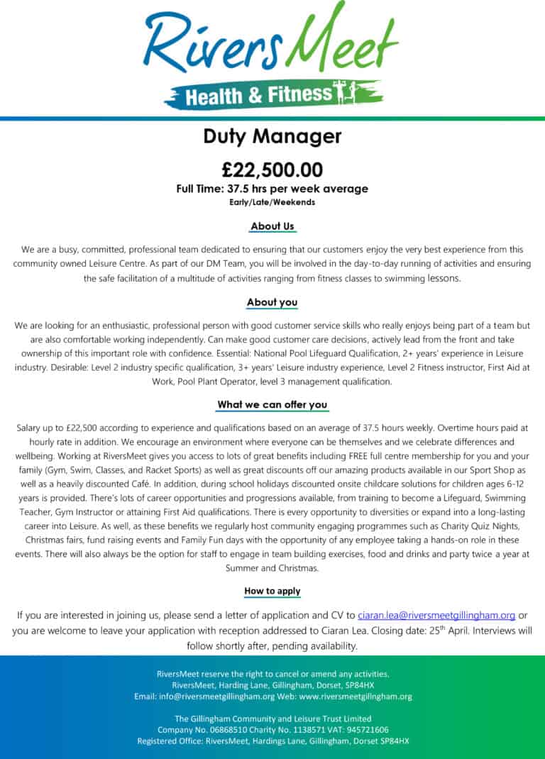 Duty Manager | RiversMeet Leisure Centre