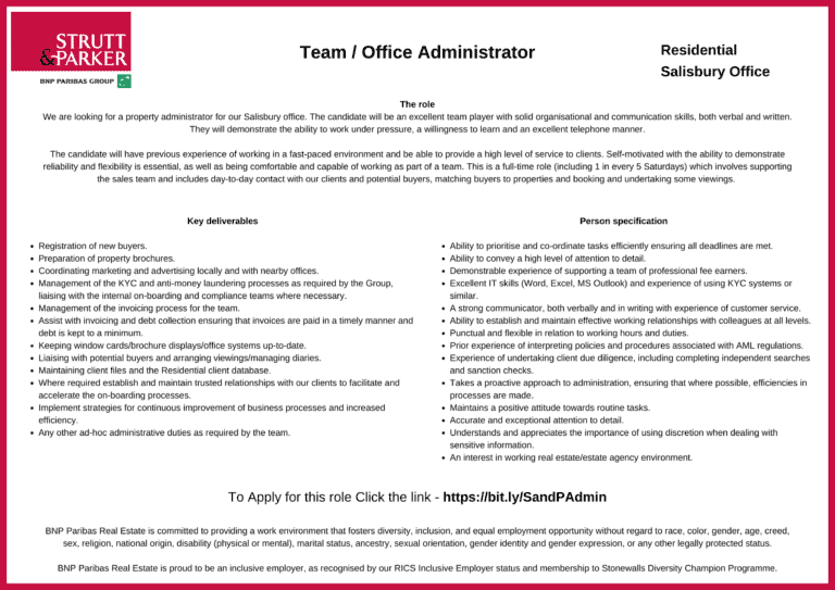 Team / Office Administrator – Salisbury Office | Strutt & Parker