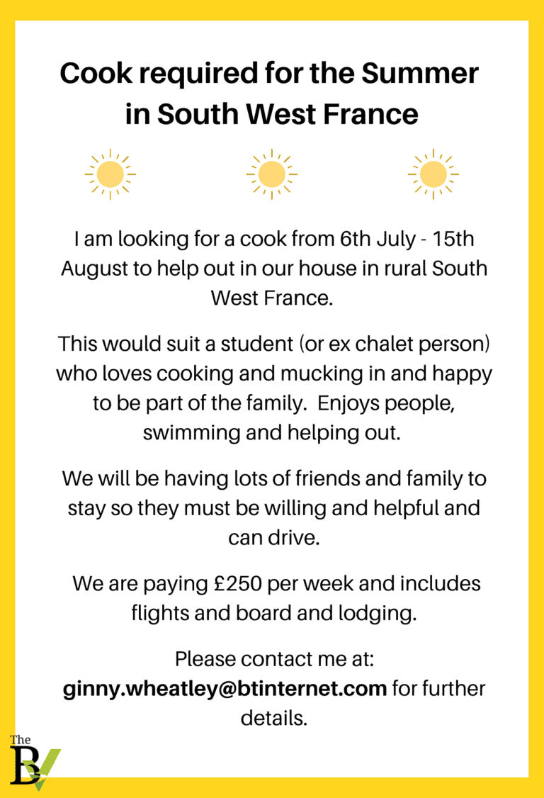 Cook required for the Summer in South West France