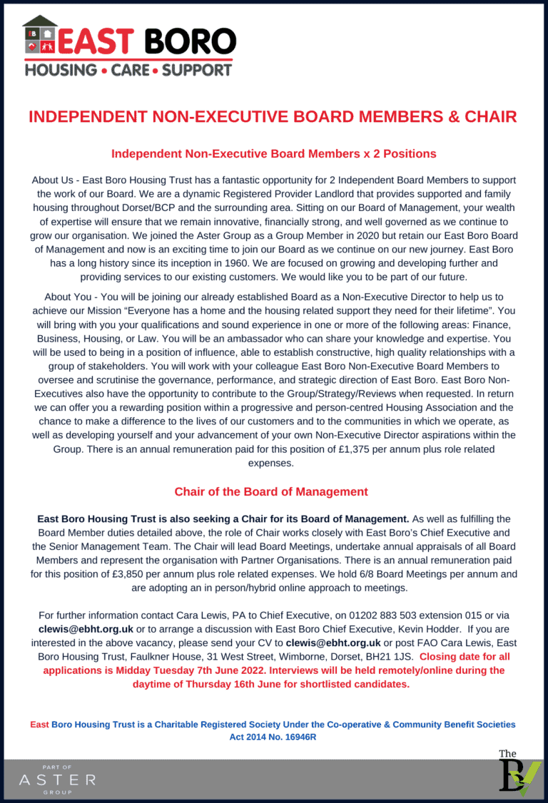 INDEPENDENT NON-EXECUTIVE BOARD MEMBERS & CHAIR | East Boro Housing Trust