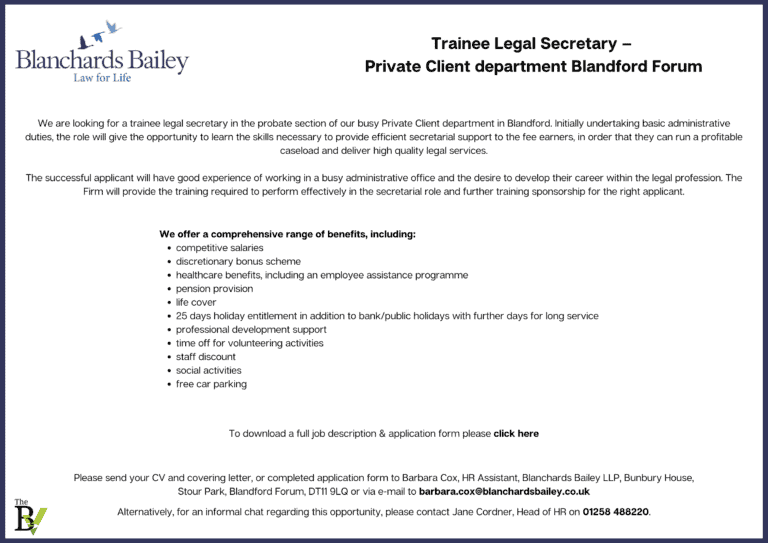 Trainee Legal Secretary – Private Client department | Blanchards Bailey