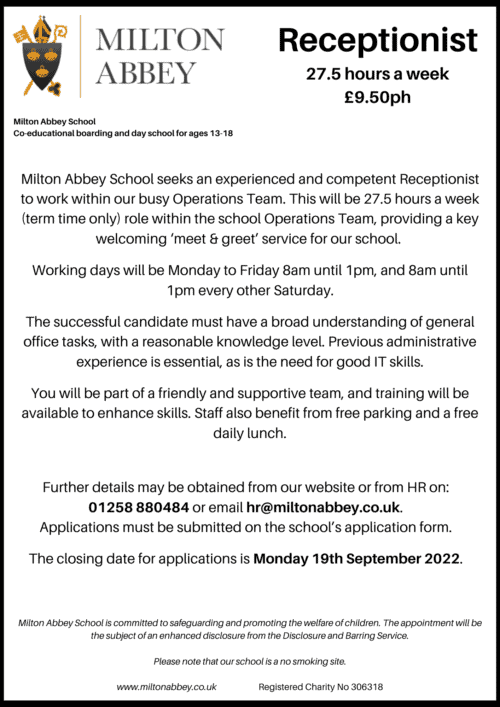 Receptionist Milton Abbey School The BV