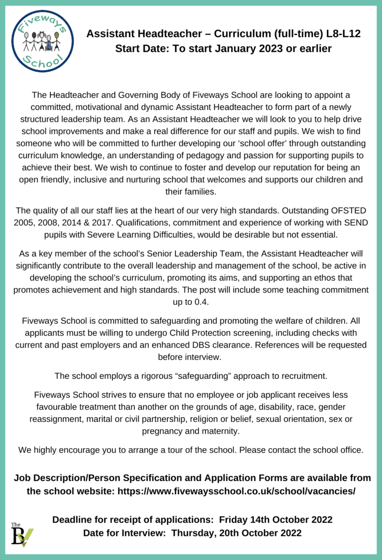 Assistant Headteacher – Curriculum (full-time) L8-L12 | Fiveways School