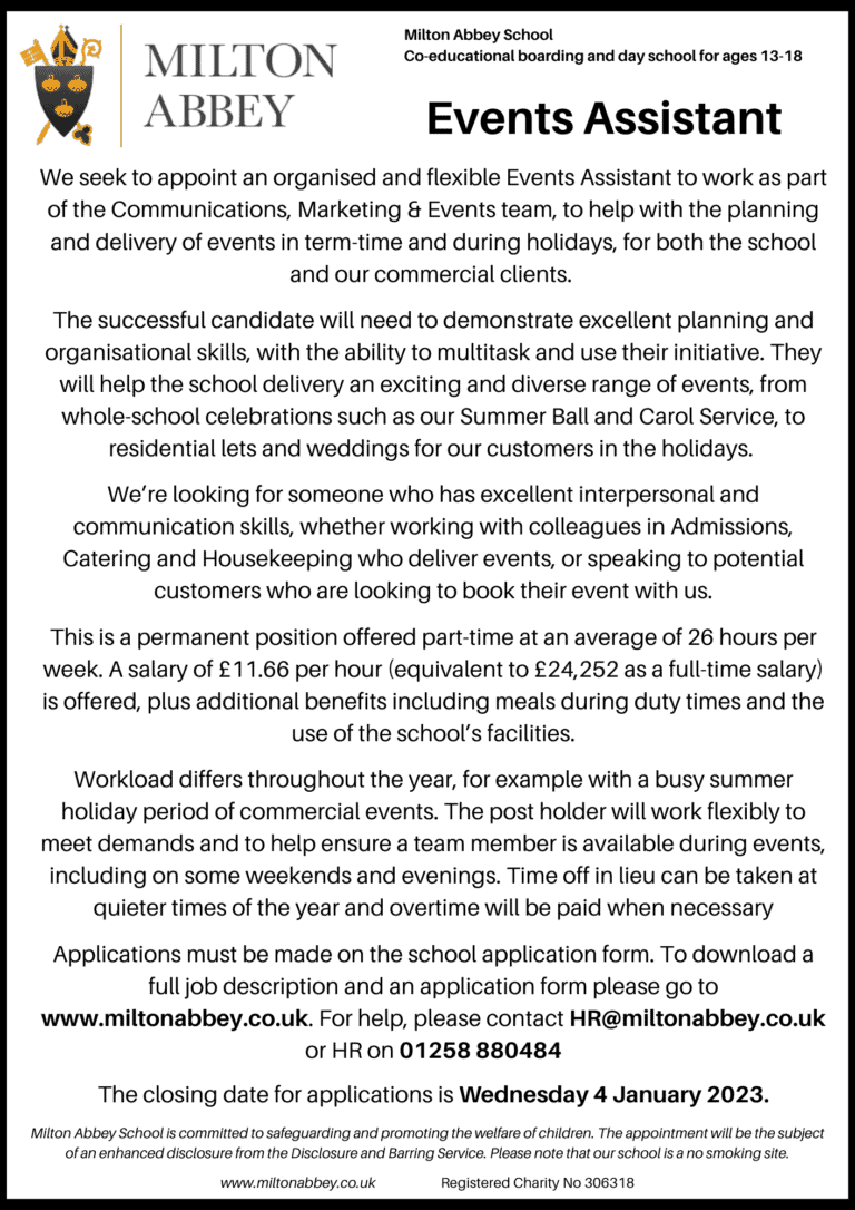 Events Assistant | Milton Abbey School