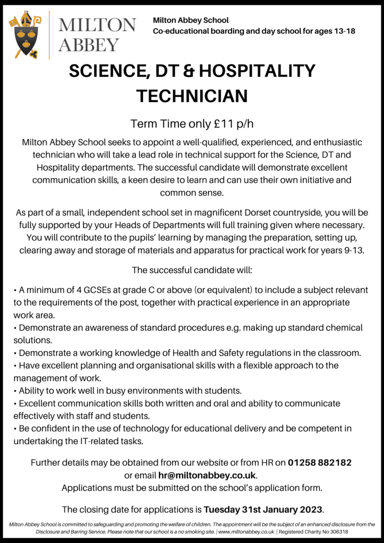 SCIENCE, DT & HOSPITALITY TECHNICIAN | Milton Abbey school