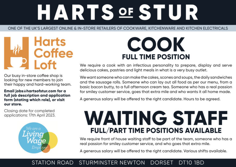 Cook & Waiting staff required by Harts of Stur