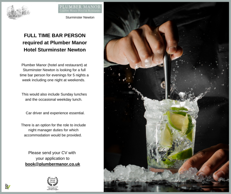 FULL TIME BAR PERSON | Plumber Manor Hotel Sturminster Newton