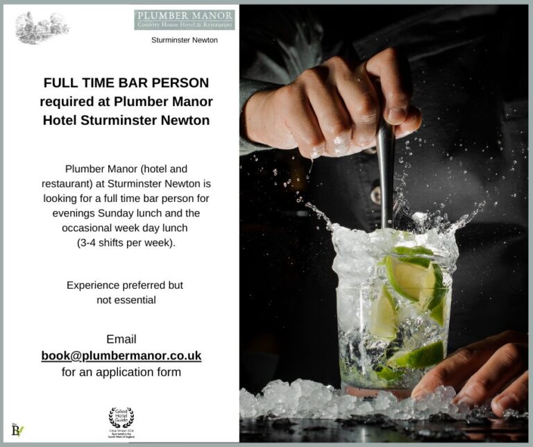 FULL TIME BAR PERSON required at Plumber Manor Hotel Sturminster Newton